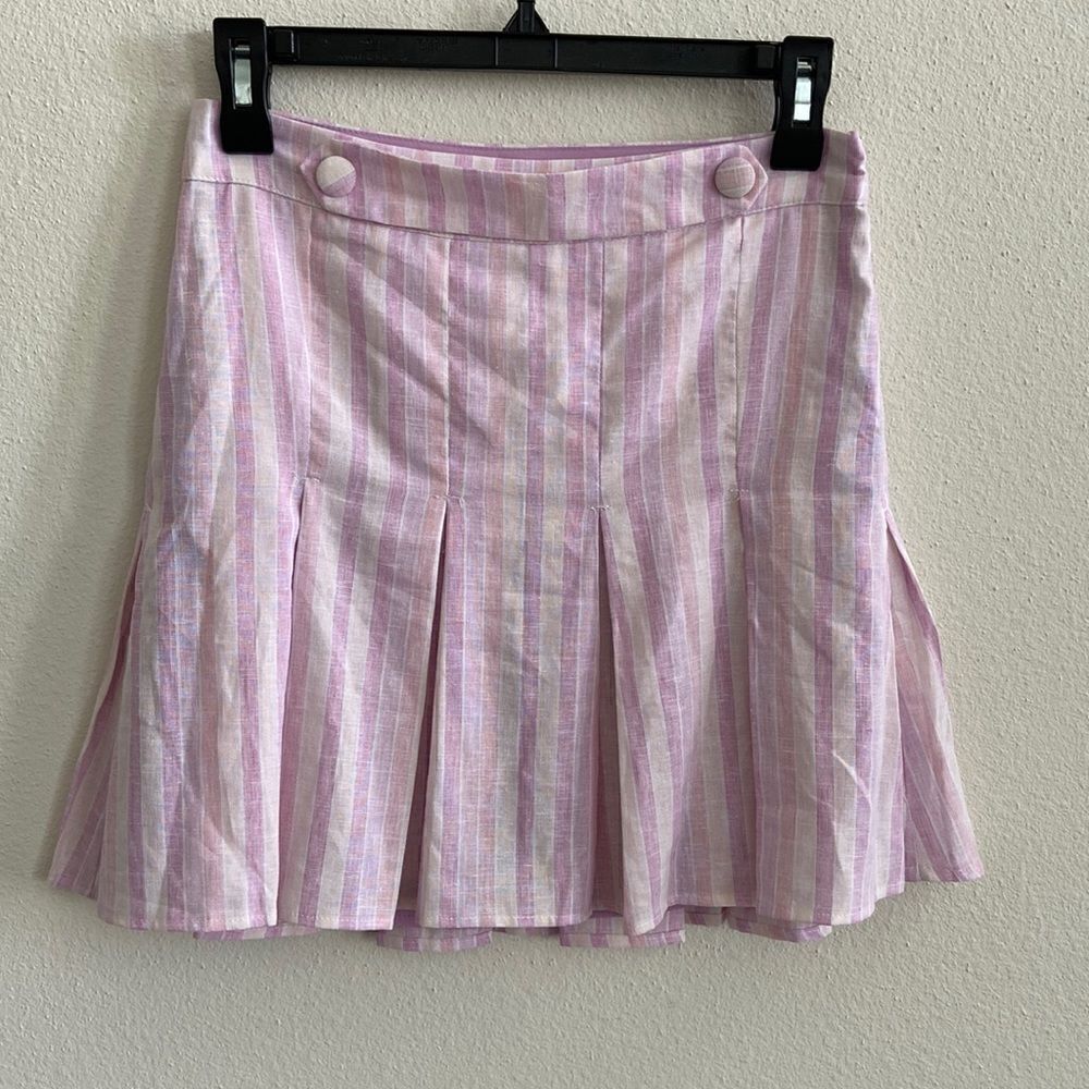 For Love & Lemons Faux Belt Pleated Mini skirt Sz XS Linen purple pink striped